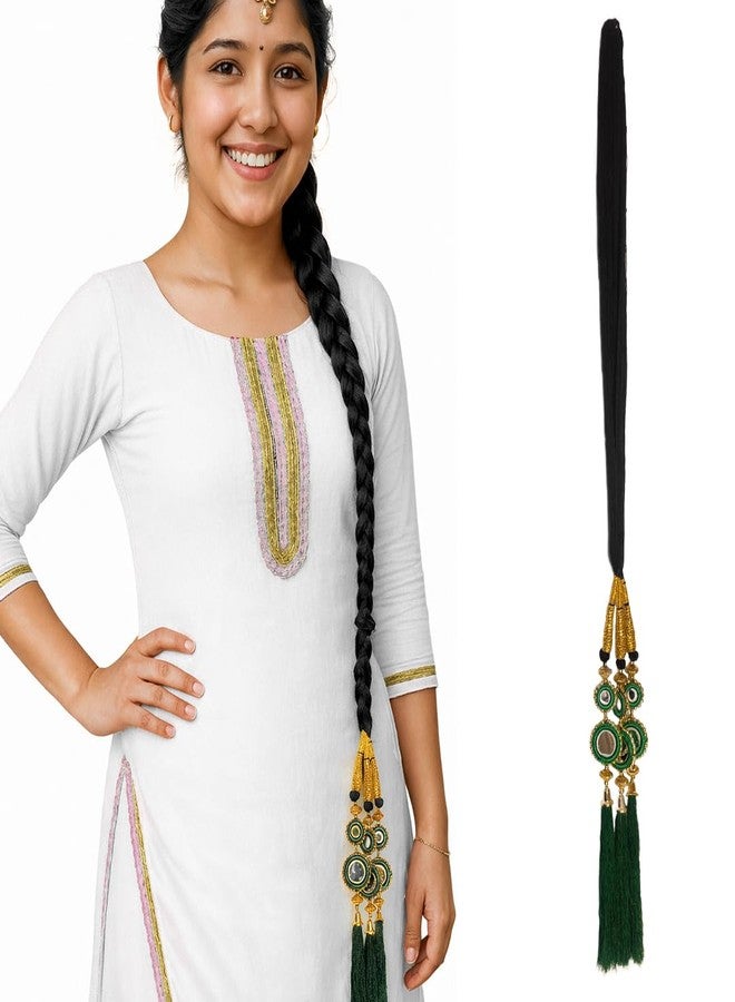 AHS Hair Accessory Braid Tassles Hair Extension Choti Women's Patiala Shahi Paranda Parandi Traditional (Parandi Green Mirror) - Image 2
